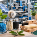A modern sustainable brush manufacturing scene featuring precision machinery powered by solar panels. The foreground displays eco-friendly raw materials including natural fiber bundles, recycled blue plastic granules in glass jars, and wooden brush blocks alongside a wooden recycling symbol.