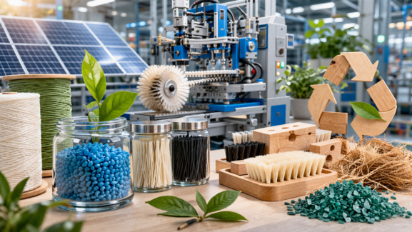 A modern sustainable brush manufacturing scene featuring precision machinery powered by solar panels. The foreground displays eco-friendly raw materials including natural fiber bundles, recycled blue plastic granules in glass jars, and wooden brush blocks alongside a wooden recycling symbol.