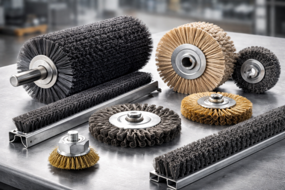 Types of industrial brushes, including cylinder, strip, disc, and wheel brushes, used in manufacturing