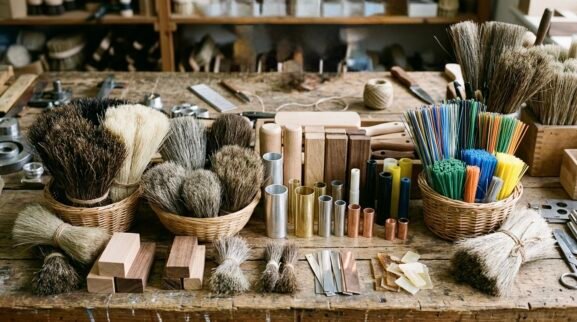Different raw materials used in brush manufacturing include nylon filaments, metal wires, and natural bristles