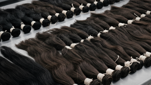 Close-up of industrial processing of Indian Remy human hair used for global hair systems and extensions manufacturing.