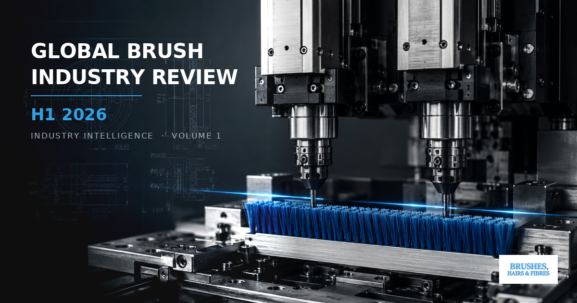 Global Brush Industry Review H1 2026 featuring a dual-station industrial brush manufacturing machine with precision drilling and tufting automation.