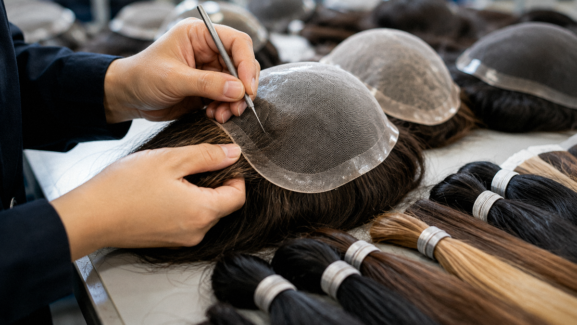 OEM and private-label hair system manufacturing showing a technician working on a hair system