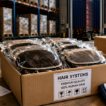 Human hair systems prepared for international export and distribution from a manufacturing facility.