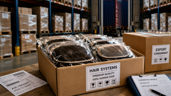 Human hair systems prepared for international export and distribution from a manufacturing facility.