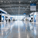 Modern exhibition hall at SNIEC Hall N5 with digital floor plan grid overlay previewing Interclean Shanghai 2026