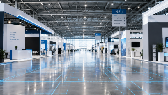 Modern exhibition hall at SNIEC Hall N5 with digital floor plan grid overlay previewing Interclean Shanghai 2026