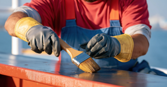 Industrial brush applying protective coating to hydrojetted steel in a drydock environment