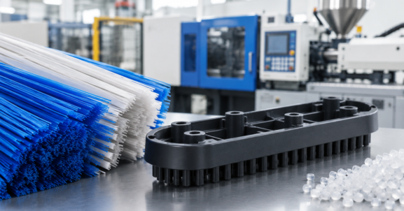 Plastic brush components and synthetic filaments representing the connection between FAKUMA plastics innovation and brush manufacturing