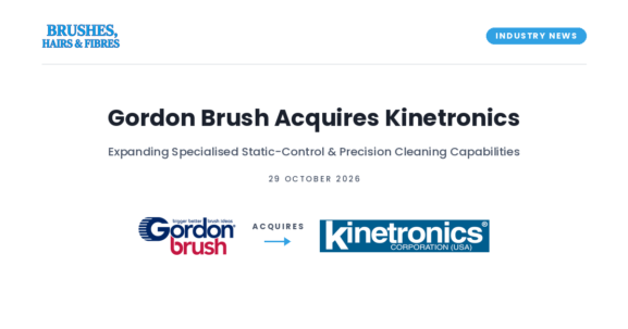 Brushes, Hairs & Fibres industry news graphic announcing Gordon Brush's acquisition of Kinetronics.
