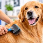 Golden retriever receiving coat care with a slicker brush in a professional grooming setting. Copy alt text