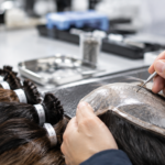 Technician using a precision ventilation needle on a transparent hair-system base in a modern workshop