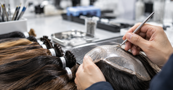 Technician using a precision ventilation needle on a transparent hair-system base in a modern workshop