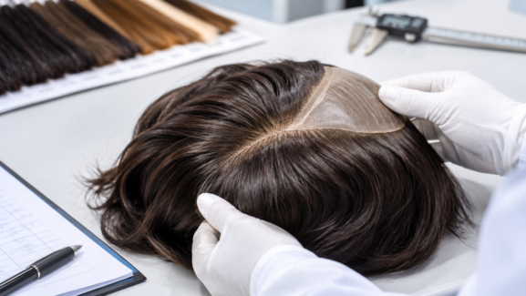 Close-up inspection of a human hair system for hair density, construction and finish